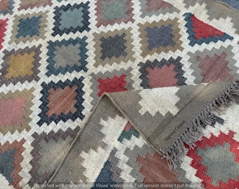 Multicolor Vintage Kilim Rug , Handmade , Wool Jute Rug, Tribal Geometric Bedroom Rug, Navajo Rug, Custom Rug