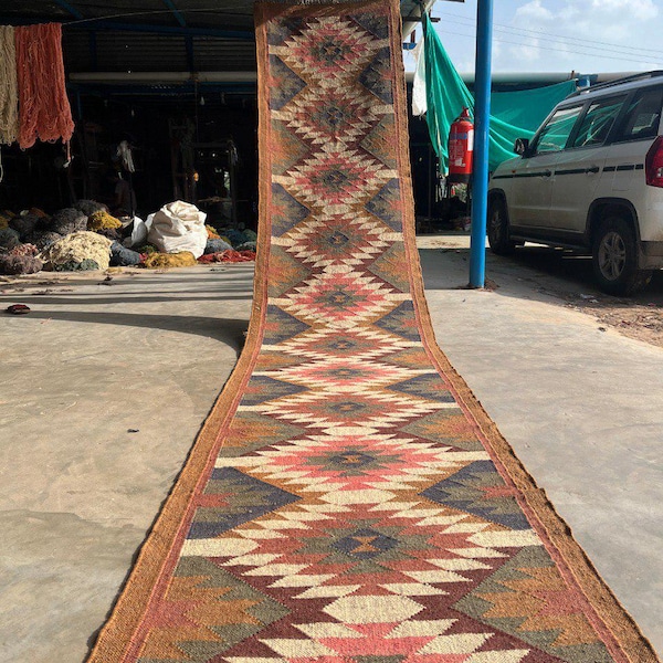 Handmade Kilim Runner Rug For Hallway\Stair Decor, Handwoven Wool And Jute Runner, Bohemian Rug, Vintage Jute Runner, Custom Runner Rug