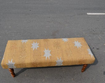 Boho Upholsterd Kilim Rug Bench, Vintage Flatweave Folding Hallway Bench, Window Seat , 120 Cm Long Bench
