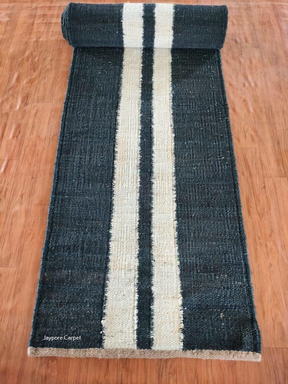 Handwoven Hemp Jute Runner: Braided Indian Rug, White Stripes, Boho Entryway Decor
