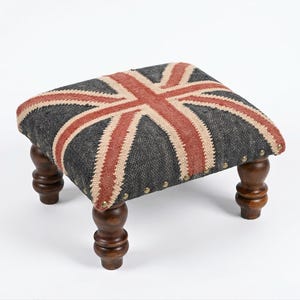 Kilim Footstool - Handwoven British Flag Ottoman - Vintage Small Stool with Wood Legs - Rustic Boho Home Decor