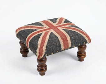 Podnóżek Kilim – ręcznie tkany puf z brytyjską flagą – mały taboret w stylu vintage z drewnianymi nogami – rustykalny wystrój domu w stylu boho