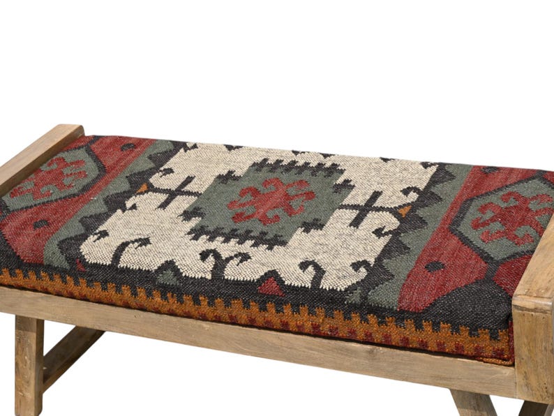 Handmade Kilim Bench – Wool Jute Upholstered Ottoman, Boho Entryway Seating (120 CM) image 15