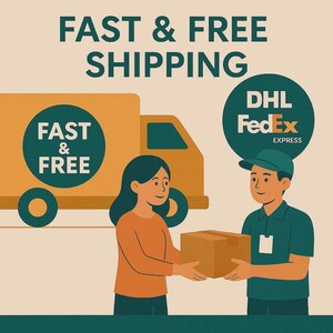 Może przedstawiać: Ilustracja sceny dostawy. Kobieta odbiera paczkę od kuriera, w tle ciężar&oacute;wka dostawcza. Tekst "FAST & FREE SHIPPING" znajduje się na g&oacute;rze, z napisem "FAST & FREE" na ciężar&oacute;wce.