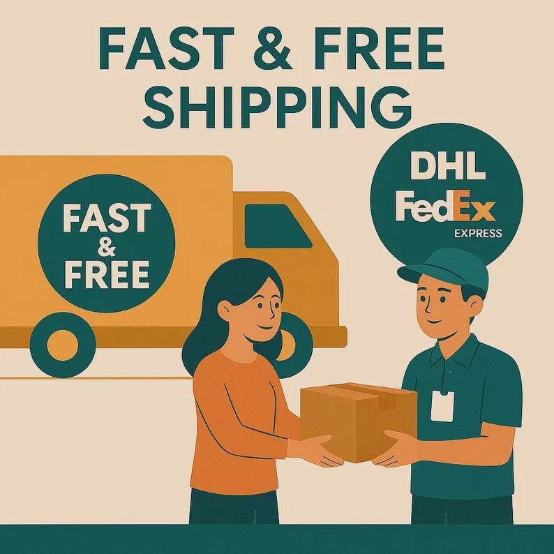 Może przedstawiać: Ilustracja sceny dostawy. Kobieta odbiera paczkę od kuriera, w tle ciężar&oacute;wka dostawcza. Tekst "FAST & FREE SHIPPING" znajduje się na g&oacute;rze, z napisem "FAST & FREE" na ciężar&oacute;wce.