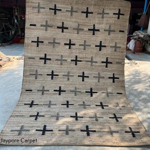 Modern Jute Rug with Black \Gray Cross Pattern | Handwoven Natural Hemp Area Rug | Scandinavian Neutral Living Room Carpet | Boho Home Decor