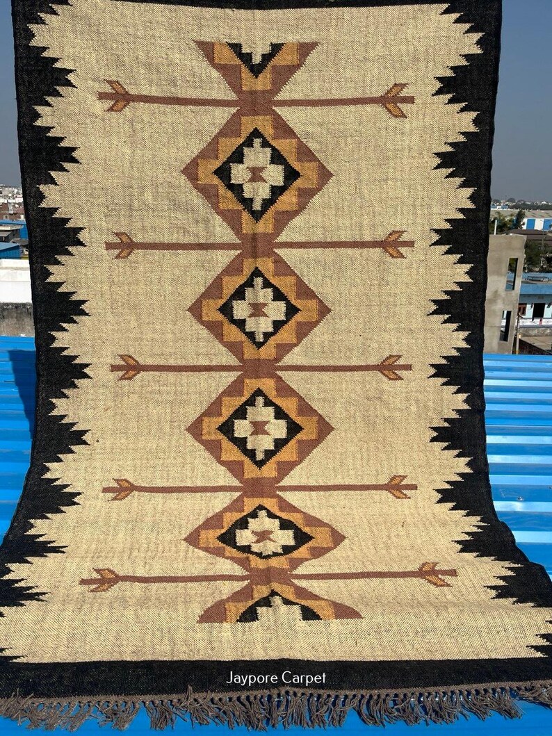 Handmade Wool Jute Kilim Rug, Traditional Indian Dhurrie Rug, 5x8 ft