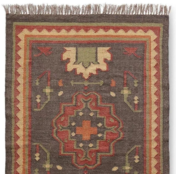 Wool and Jute Rug Handmade, Kilim Dhurrie Rug, Traditional Indian/WOOL JUTE RUGS, Kilim Wool and Jute Rug Handmade Kilim Dhurrie Rug gift