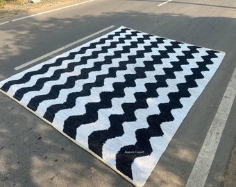 8 x 10 ft handgeweven jute tapijt, wit en zwart hennepjute tapijt, Indiaas traditioneel dik jute tapijt, Turks tapijt jute, aangepast tapijt