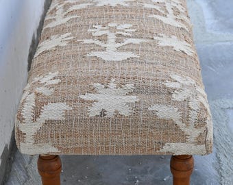 White Flower Jute Kilim Bench- Hallway\Entryway Decor Upholstered Bench, Jute Ottoman, Boho Home Decor Furniture, Aztec Seating Ottoman