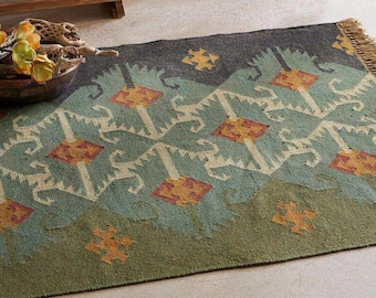 Southwestern Kilim Rug | Navajo Wool Rug | Boho Geometric Area Rug | Handwoven Jute Rug | Home And Living | Sage Green Rust Decor