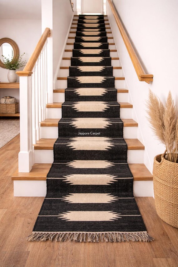 Black & White Kilim Stair Runner Rug – Handwoven Flat Weave Runner, Self Fit Boho Stair Carpet,  Hallway Kilim Runner, Custom Size Runner