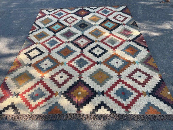 Handmade Kilim Dhurrie Rug | Wool Jute Rug | Boho Living Area Rug | Extra Large Kilim Rug | Multicolor Flatweave Carpet | SOUTHWESTERN RUG