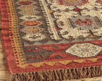 Jute Wool Rug, Kilim Rug, Oriental Rug, Handmade Wool Jute Kilim Rug, Turkish Area Rug, Traditional Indian Kilim Dhurrie Rug, 8x10 , 9x12 Ft