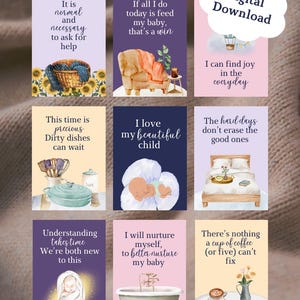 Puede incluir: Una descarga digital con nueve tarjetas estilo acuarela con citas inspiradoras para nuevos padres. Cada tarjeta tiene un diseño y mensaje únicos, incluyendo frases como "Amo a mi hermoso hijo" y "No hay nada que una taza de café no pueda arreglar".
