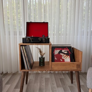 Mid Century Modern Vinyl Storage Cabinet , Solid Pine Large Record Player Stand ,Retro Media Console, Gift for Music Lovers