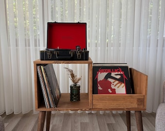 Solid Wood Large Record Player Stand with Vinyl Storage, Mid Century Modern Record Cabinet , Retro Media Console, Gift for Music Lovers