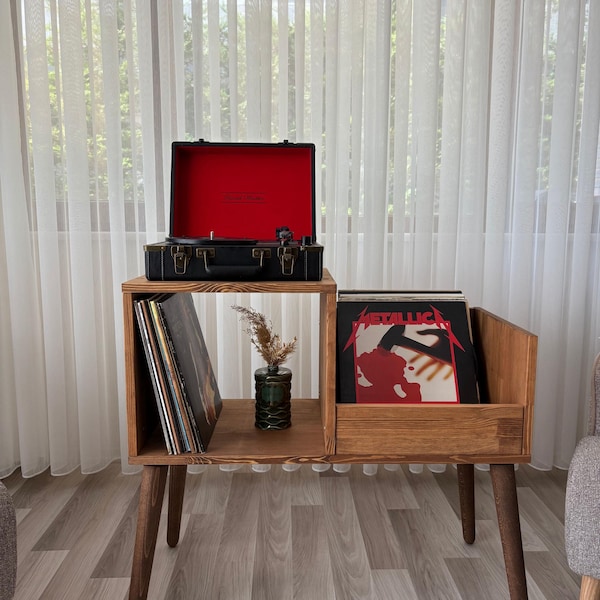 Soporte grande de madera maciza para tocadiscos con almacenamiento de vinilos, mueble para discos de estilo moderno de mediados de siglo, consola multimedia retro, regalo para amantes de la música.
