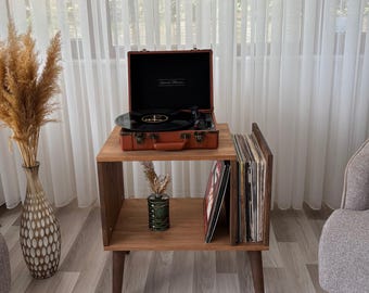 Mid Century Modern Walnut Record Player Stand, Pine Wood Vinyl Record Storage, Turntable Cabinet