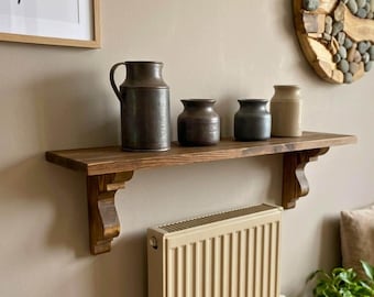 Rustic Solid Wood Radiator Shelf with Wooden Brackets , Distressed Farmhouse Wall Shelf , Floating Shelf with Corbel , Entryway Shelf