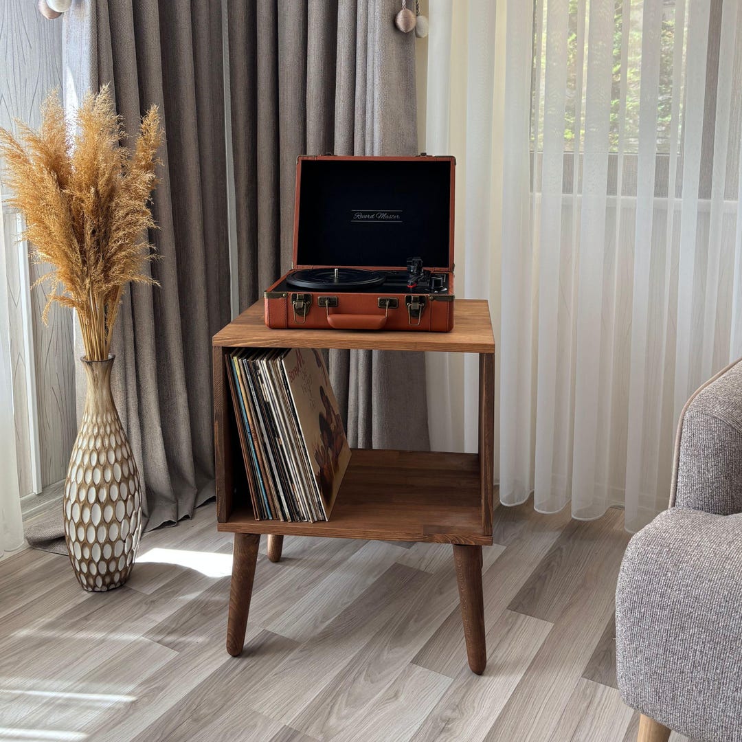 Solid Wood Record Player Stand With Vinyl Storage, Mid Century Modern ...