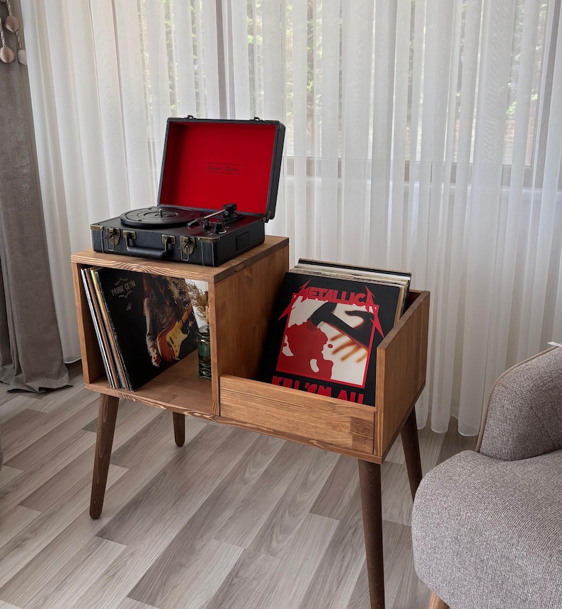 Solid Wood Large Record Player Stand With Vinyl Storage, Mid Century ...