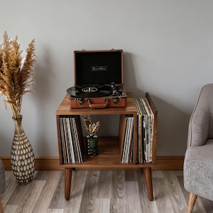 Mid Century Modern Record Player Stand, Turntable Stand with Vinyl Record Holder, LP Storage Console, Retro Record Cabinet, Vinyl End Table