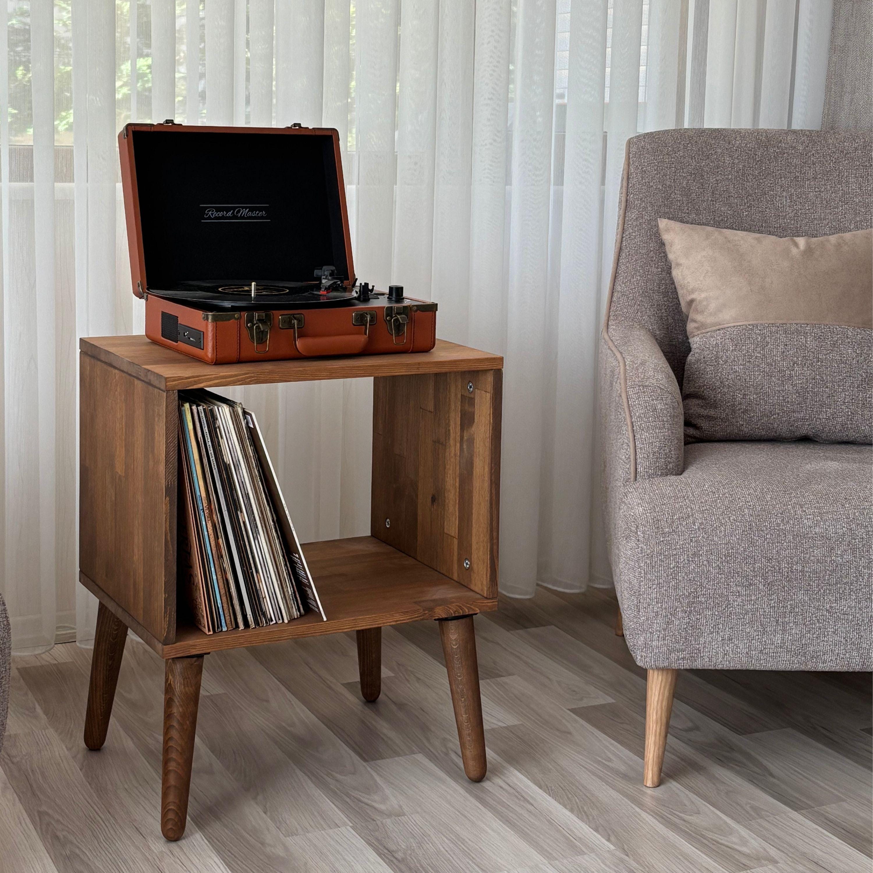 Solid Wood Record Player Stand With Vinyl Storage, Mid Century Modern ...