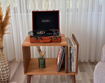 Mid Century Modern Wooden Record Player Stand, Walnut Turntable Station , Solid Wood Vinyl Storage, Gift for Music Lovers