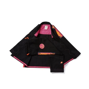May include: Black Jiu-Jitsu uniform with pink and orange accents. The jacket has a pink striped interior and orange trim. The pants and jacket feature embroidered logos and text. The uniform is laid out flat.