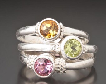 Peridot, Citrine, Pink Kunzite Stacking Rings, 925 Sterling Silver, Handmade Beautiful Ring, Silver Stacking, Stackable Rings, Gift For Her