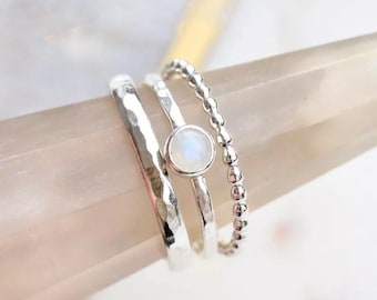 Moonstone Stacking Rings, Moonstone Gemstone Rings Set, Silver Handmade Rings, Women Gift Jewelry, Christmas Gifts, Set Of Three Rings