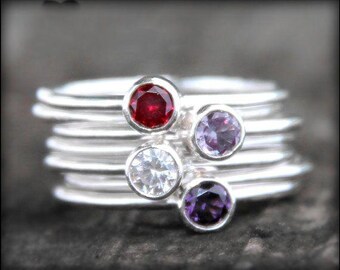 Set of 7 Sterling Silver Stacking Rings, Amethyst, Garnet, White Topaz Rings, Thin & Thick Rings, Gemstones Silver Stack Rings, Gift For Her