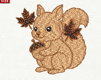 Autumn Squirrel Embroidery Design | Cute Squirrel with Acorn and Leaves Machine Embroidery File