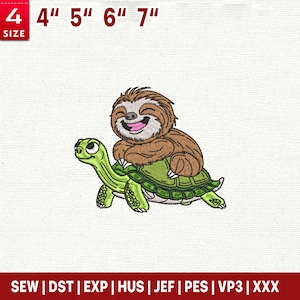 May include: An embroidered design featuring a smiling brown sloth riding on the back of a green turtle. The design is available in various sizes, from 4 to 7 inches. The image also includes the text "SIZE" and file type abbreviations.