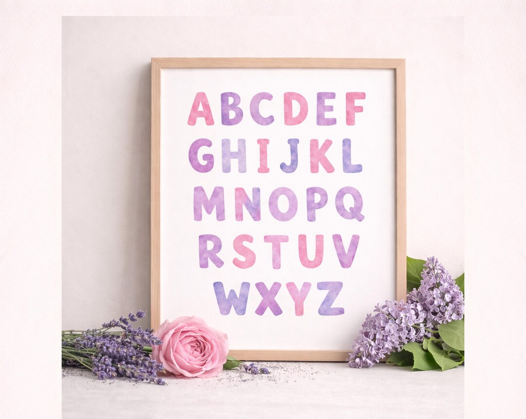 Watercolor Alphabet ABC Print, Pastel Pink Lilac Educational Wall Art ...
