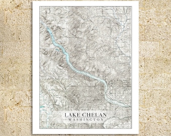 Vintage Lake Chelan, Washington Map Print: Photo, Matte, or Canvas