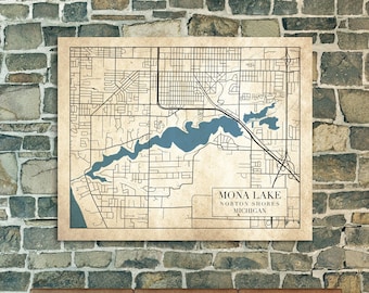 Mona Lake, Michigan Map Print: Canvas, Matte, or Photo Paper
