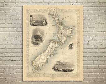 Antique New Zealand Map Print: Ready to Hang Canvas, Photo, or Matte Paper