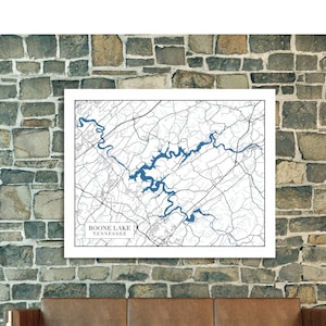 Impressão do Mapa Minimalista de Boone Lake, Tennessee. Impresso em Canvas, Matter Paper ou Photo Paper.