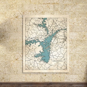 Impressão do Mapa do Lago Hartwell, parte da Geórgia e Carolina do Sul. Impresso em Canvas, Matter Paper ou Photo Paper.