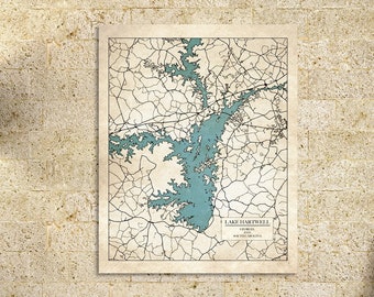 Lake Hartwell Map Print: Georgia & South Carolina, Canvas or Paper