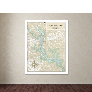 Detaillierte topographische Karte des Lake Oconee in Georgia. Gedruckt auf Leinwand, Heavyweight Matt Papier, oder Foto Papier.