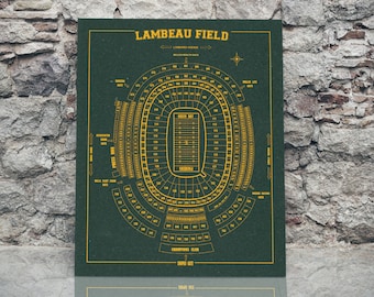 Puede incluir: Un póster de plano de asientos del Lambeau Field, en verde y dorado, con las palabras "Lambeau Field" en letras doradas en la parte superior. El póster muestra el plano de asientos del estadio de fútbol americano de los Green Bay Packers.