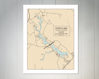 Estes Lake, Maine Map Print: York County Art on Canvas or Paper