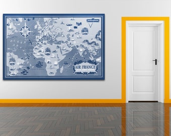 Vintage Antique Global Air France World Map Airline Plane on photo paper Matte paper Canvas Art Home Decor Giclee Print