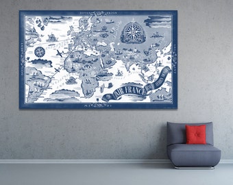 Vintage Antique Global Air France World Map Airline Plane on photo paper Matte paper Canvas Art Home Decor Giclee Print