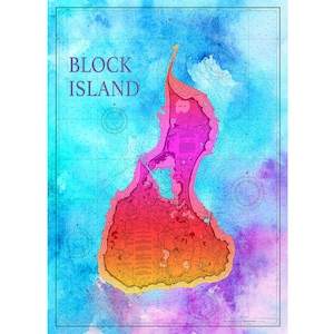 Impresión artística del gráfico de Block Island en su elección de papel fotográfico, papel mate o lienzo Giclée