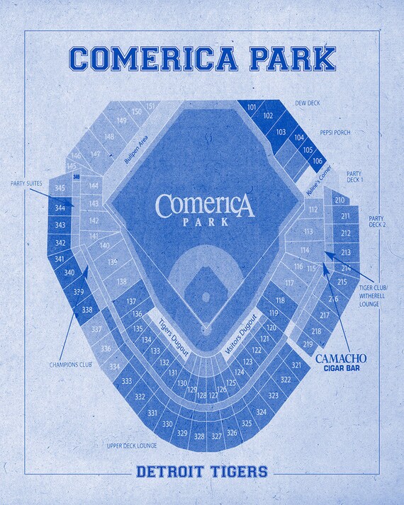 Vintage Print of Comerica Park Stadium Seating Chart Baseball 