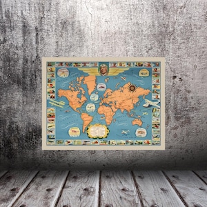 Vintage Antique Print of Famous Flights and Air Routes of the World Map on Photo Paper Matte Paper Canvas Giclee